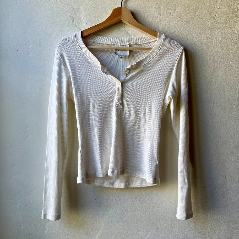Reformation Jayden Long Sleeve Henley Tee, Ivory, Size M